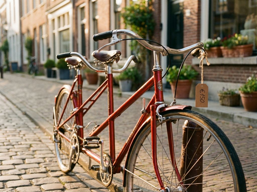 Rode tandem fiets met prijskaartje op kasseienstraat in gouden zonlicht met Nederlandse winkels op achtergrond