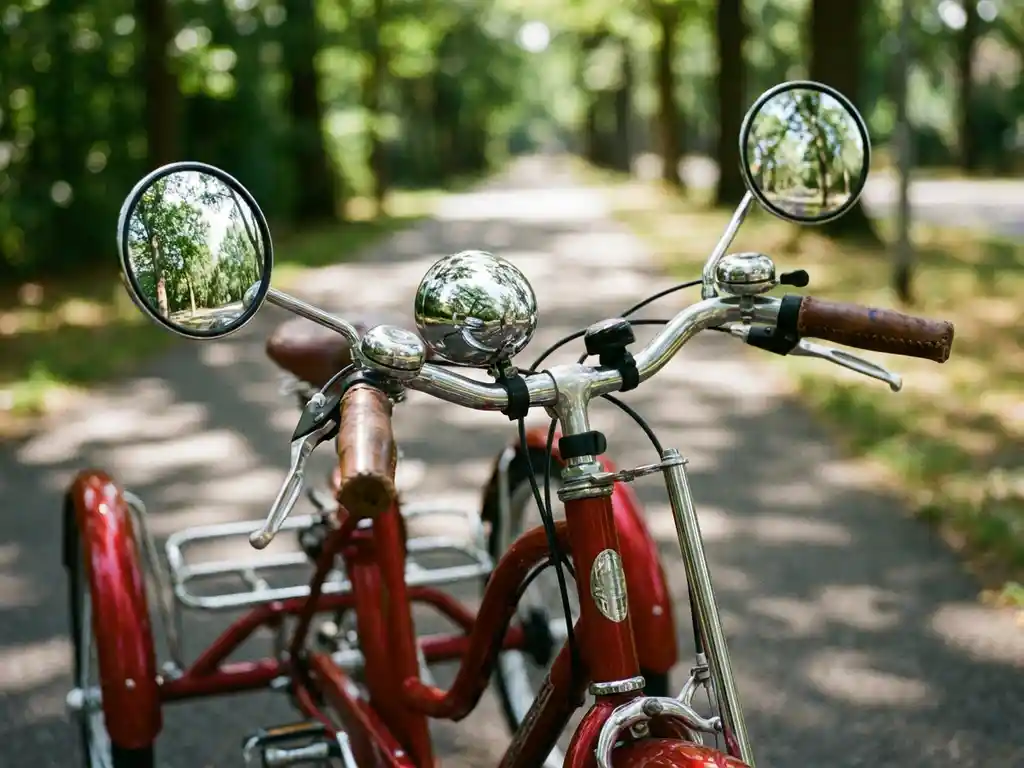 Rode driewieler met chromen spiegels op verlicht fietspad tussen bomen, close-up handelbaardetail