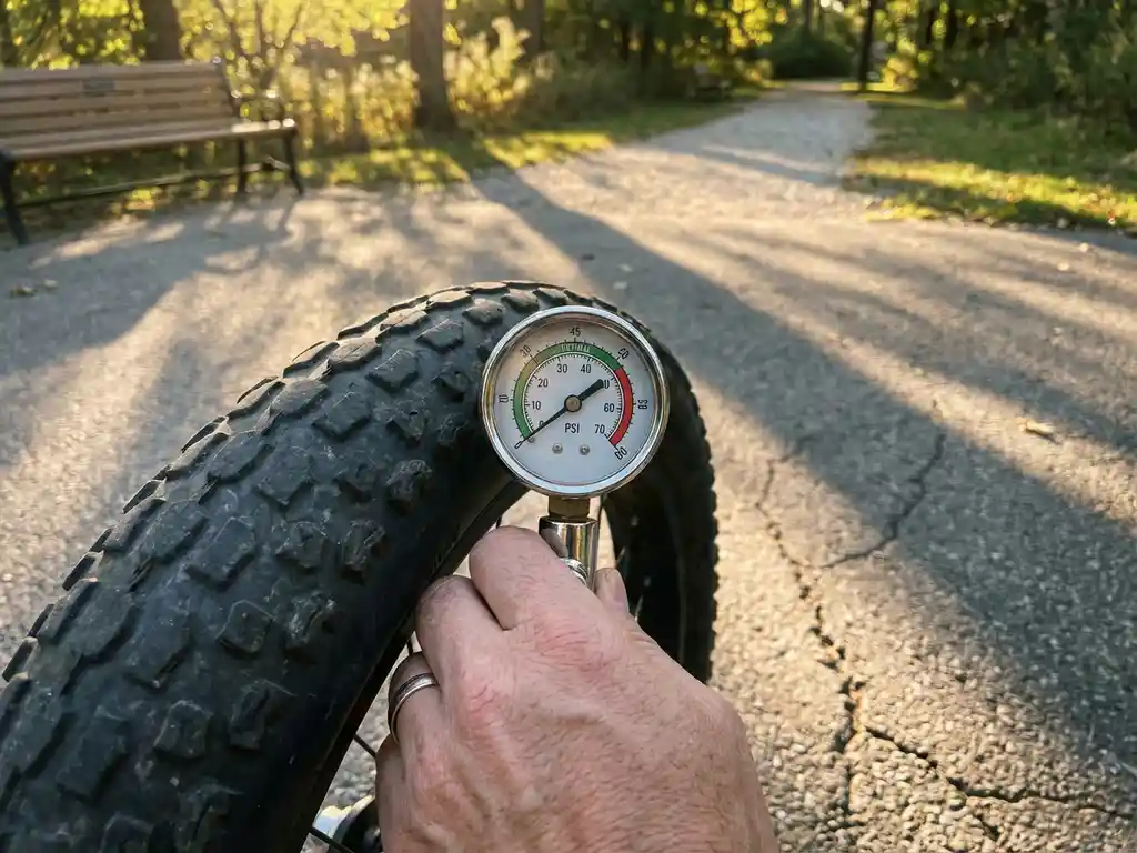 Hand controleert bandenspanning van driewieler met analoge meter op verharde weg in park