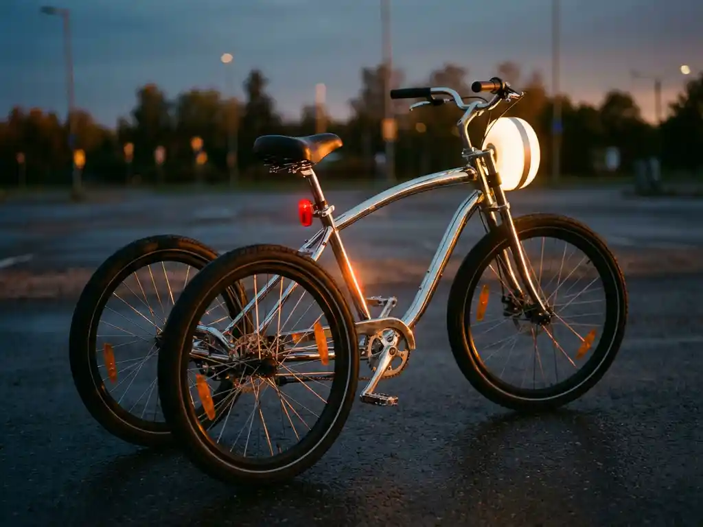 Moderne driewieler fiets met verlichte koplamp en reflectoren geparkeerd op asfalt tijdens gouden uur schemering