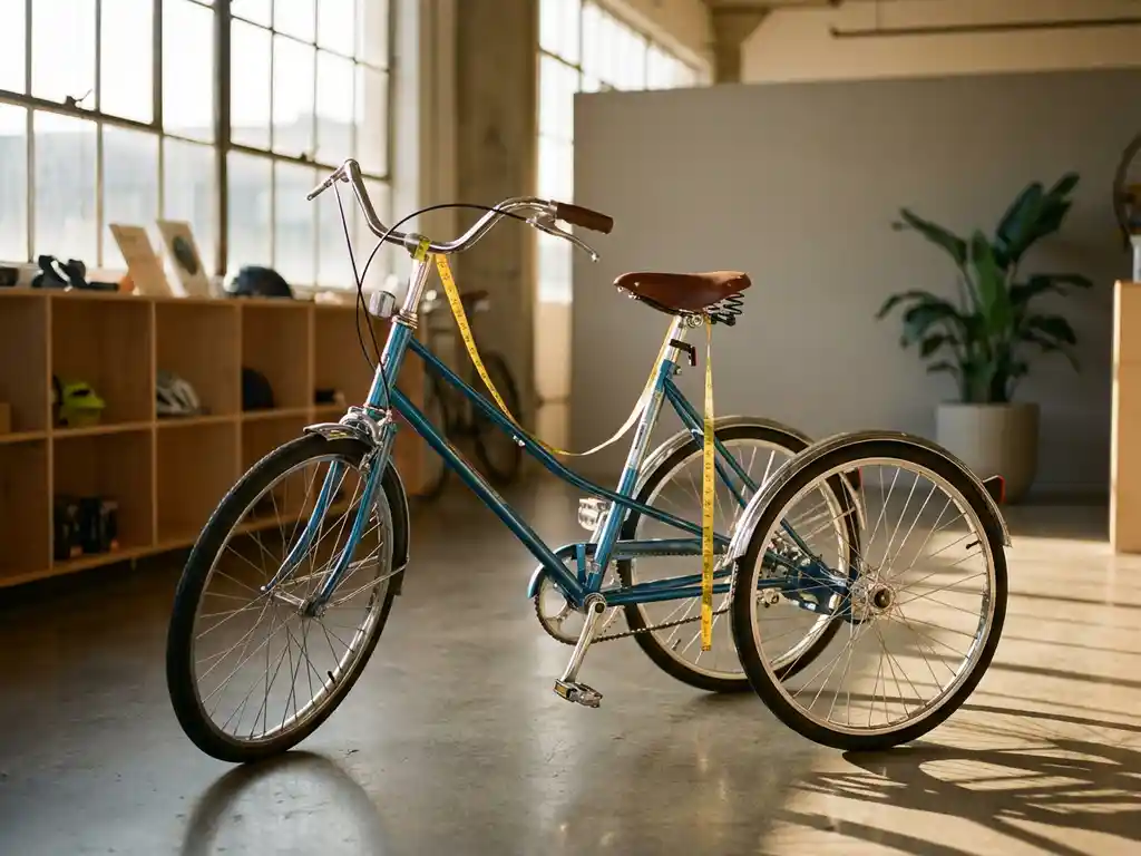 Driewieler voor volwassenen met meetlint in moderne fietsenwinkel met natuurlijk licht door ramen