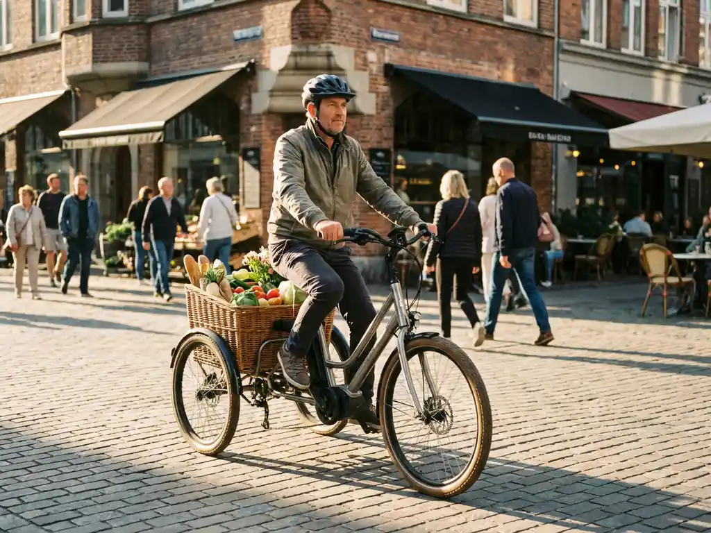 Volwassene fietst op moderne driewieler met boodschappenmand door stedelijke straat met kinderkopjes