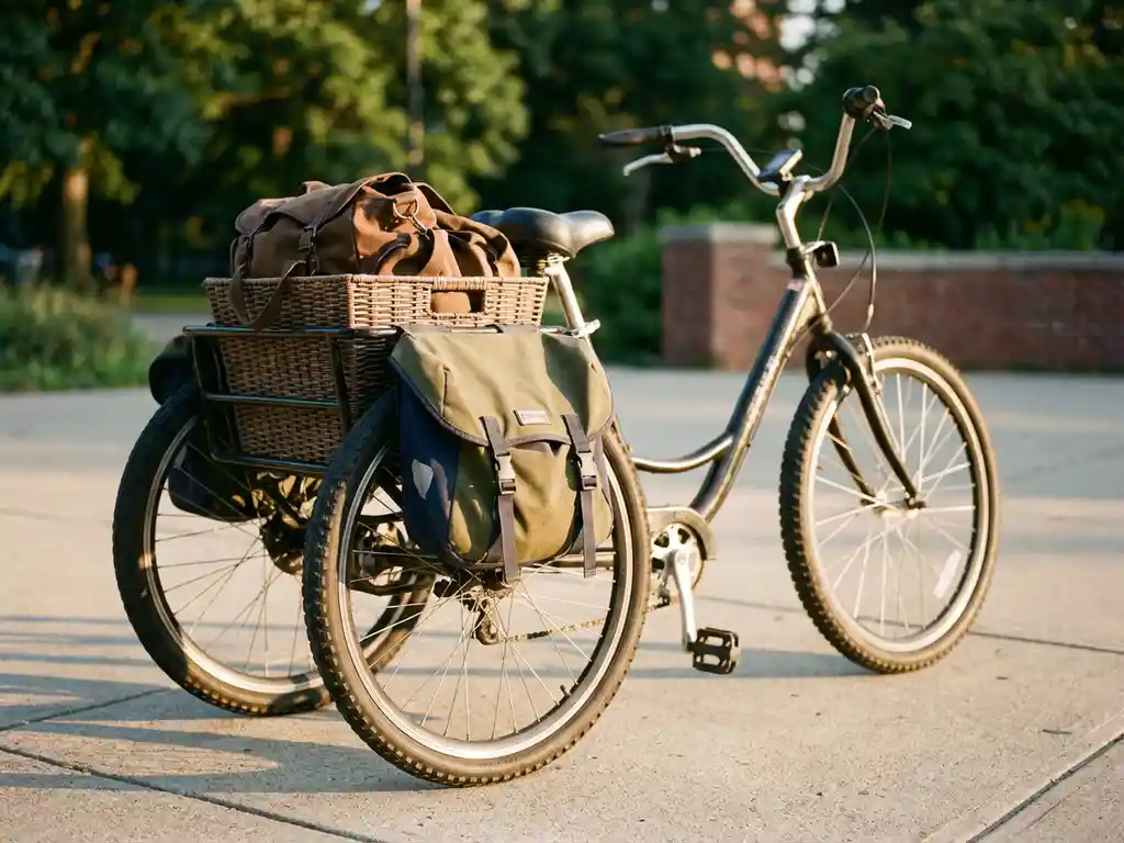 Driewieler voor volwassenen met grote achtertas en twee zijfietstassen, geparkeerd op betonnen tegels in daglicht.