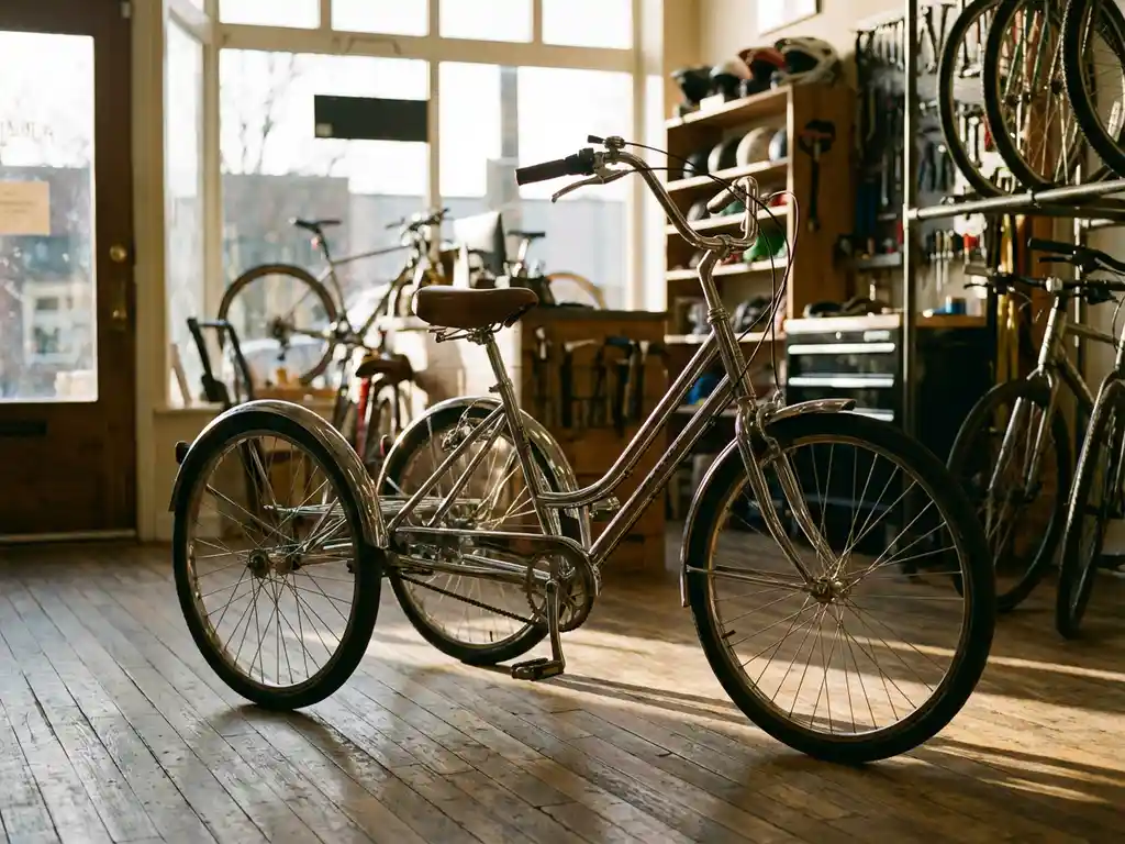 Volwassen driewieler met chromen stuur in fietsenwinkel met natuurlijk licht door etalageramen