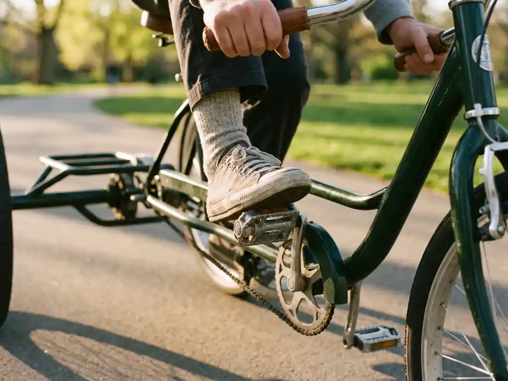 Voet stapt op pedaal van stabiele driewieler in park, handen aan stuur, zonnige middag