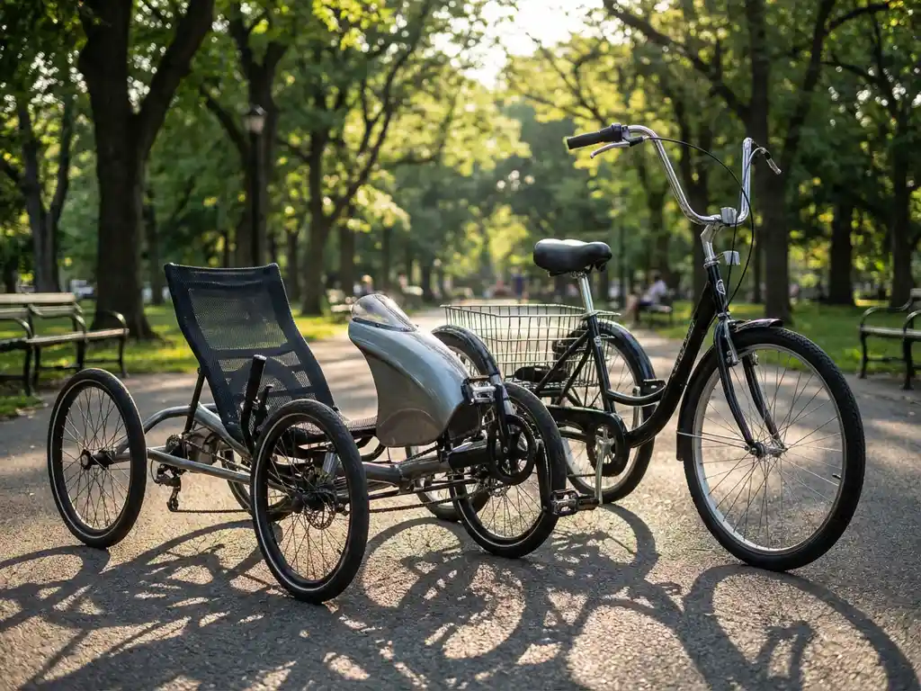 Ligfiets en rechtop driewieler naast elkaar op geplaveid parkpad in zonlicht met bomen op achtergrond