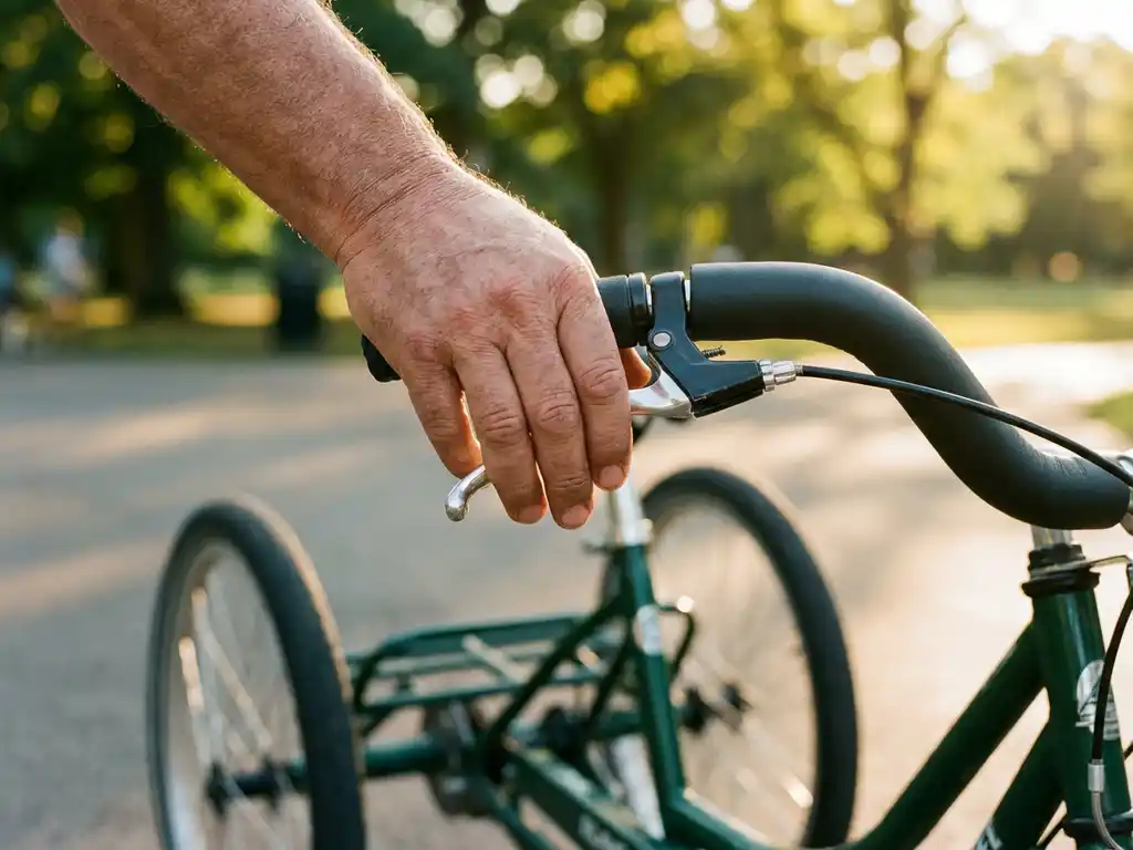 Hand op remhendel van volwassen driewieler met brede wielen in park bij zonnig weer