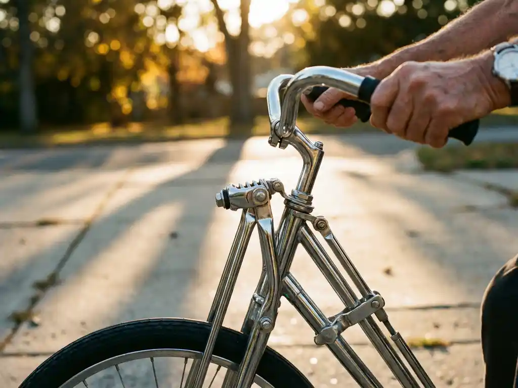 Stuur en voorvork van een driewieler voor volwassenen met chromen stang en mechanische verbindingen in gouden zonlicht