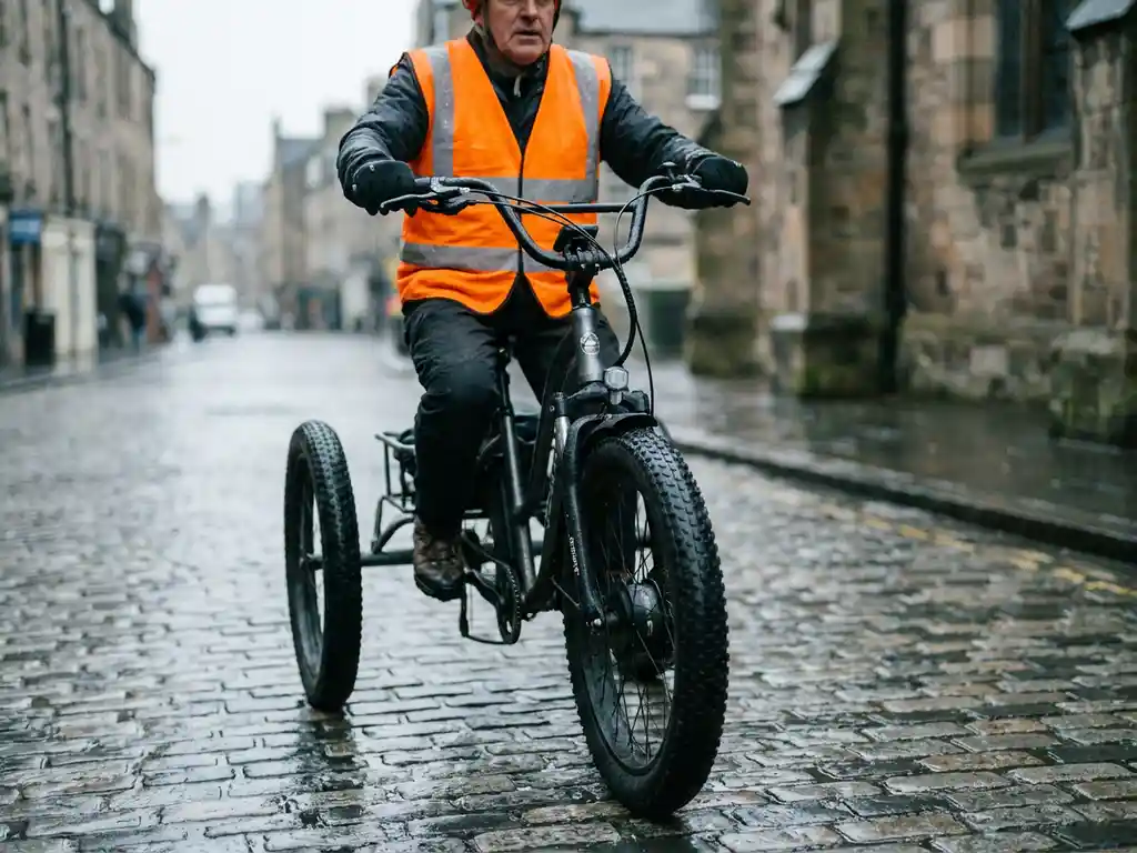 Volwassene fietst op driewieler over natte kinderkopjes, draagt reflecterend veiligheidsvest en helm