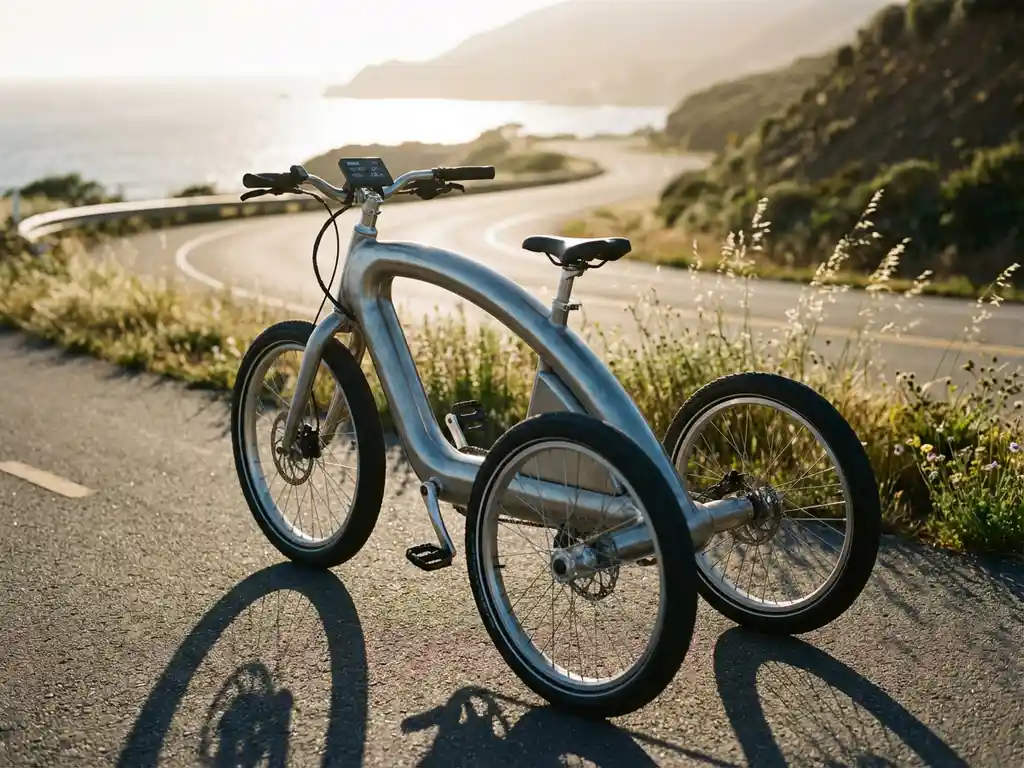 Moderne elektrische driewieler op kustfietspad met zichtbaar digitaal dashboard en batterij-indicator