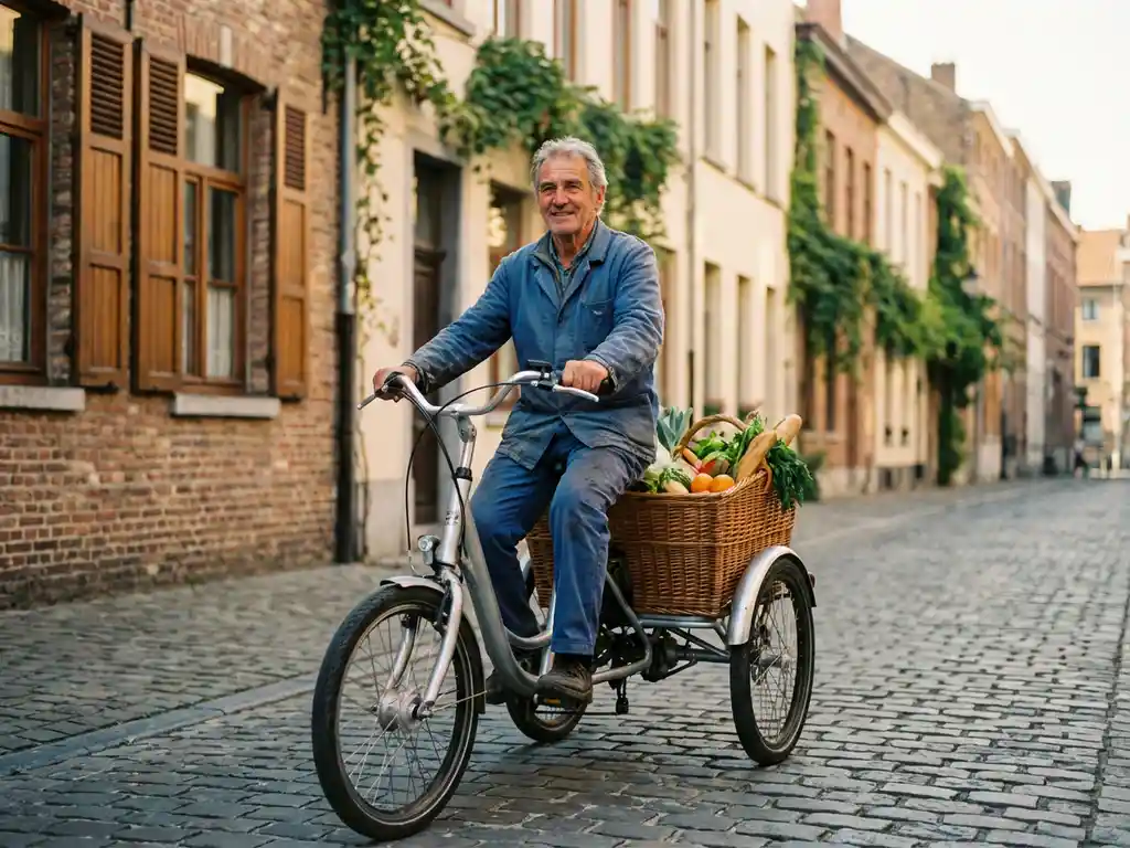 Senior fietser op driewieler met boodschappen door zonnige Europese straat met kinderkopjes