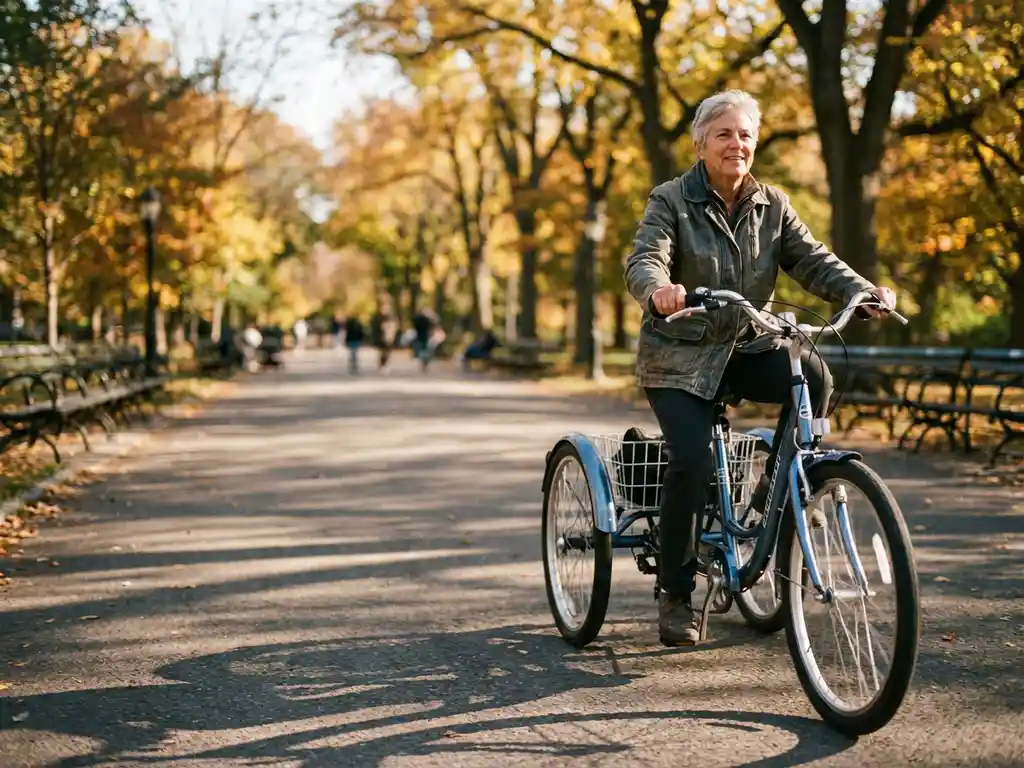 Oudere volwassene fietst ontspannen op driewieler door bomenlaan in park op herfstmiddag
