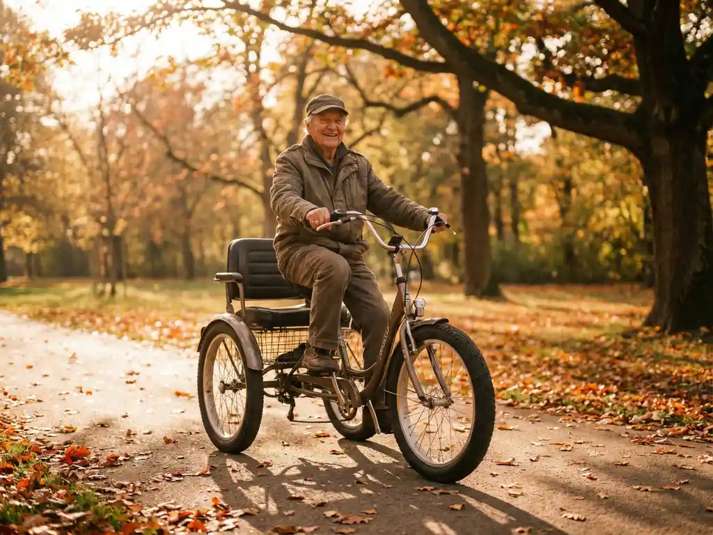 Oudere persoon rijdt ontspannen op stabiele driewieler fiets door zonnig park met herfstbladeren