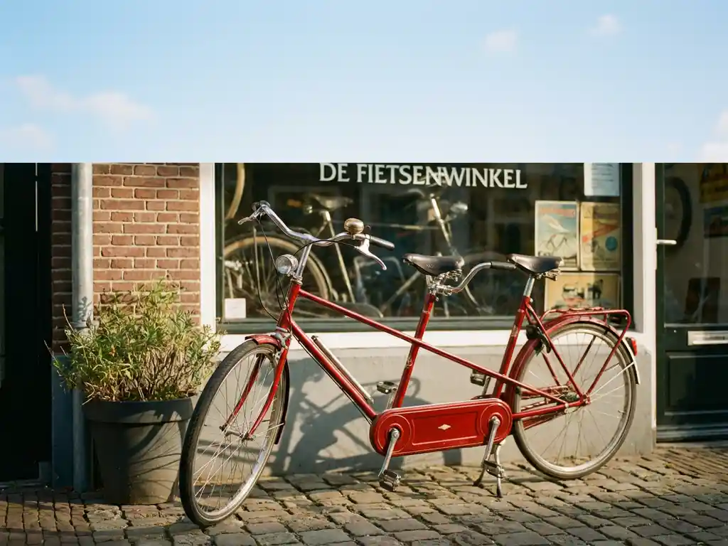 Rode tandemfiets op kinderkopjes voor Nederlandse fietsenwinkel in warm middaglicht