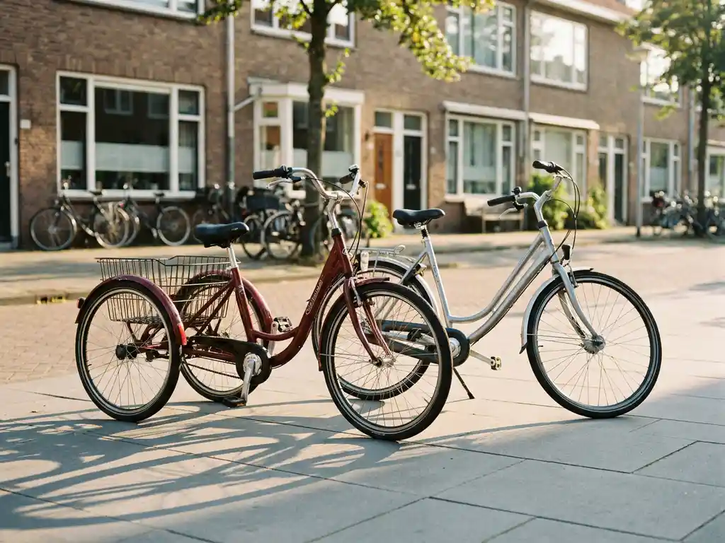 Bordeauxrode driewieler en zilveren lage instapfiets op grijze bestrating in Nederlandse woonstraat