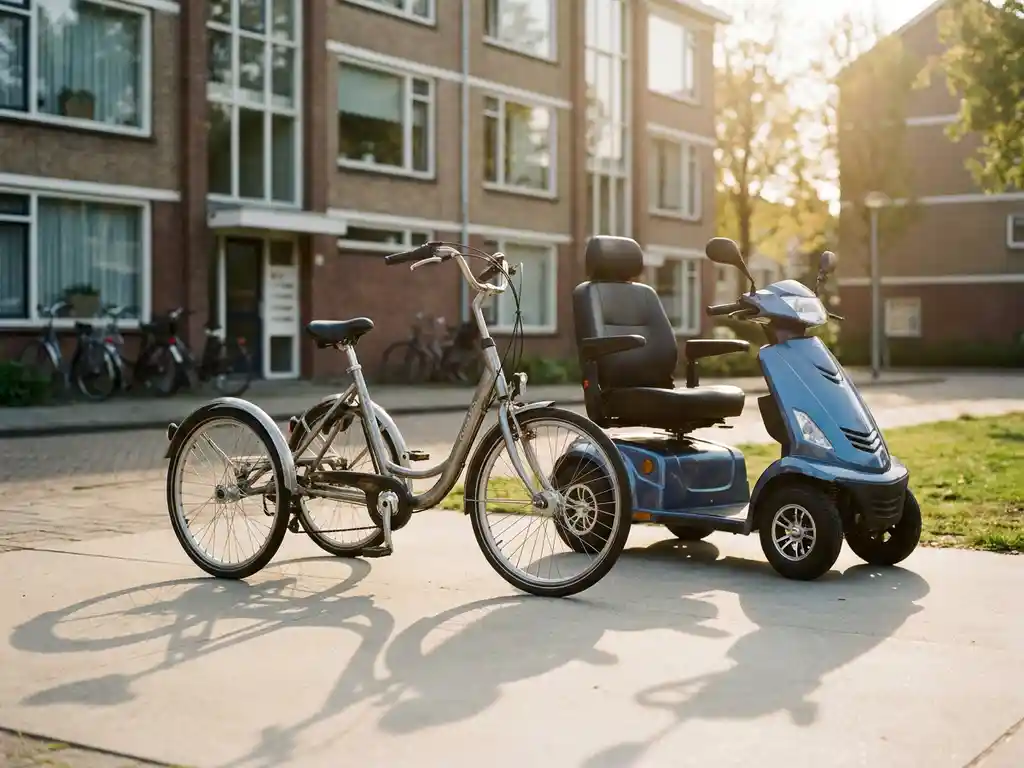 Zilveren driewieler en moderne scootmobiel op betonnen pad in Nederlandse woonwijk met bakstenen gebouw op achtergrond