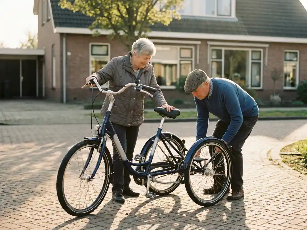 Ouder echtpaar onderzoekt moderne driewieler fiets in zonnige oprit met bakstenen bestrating