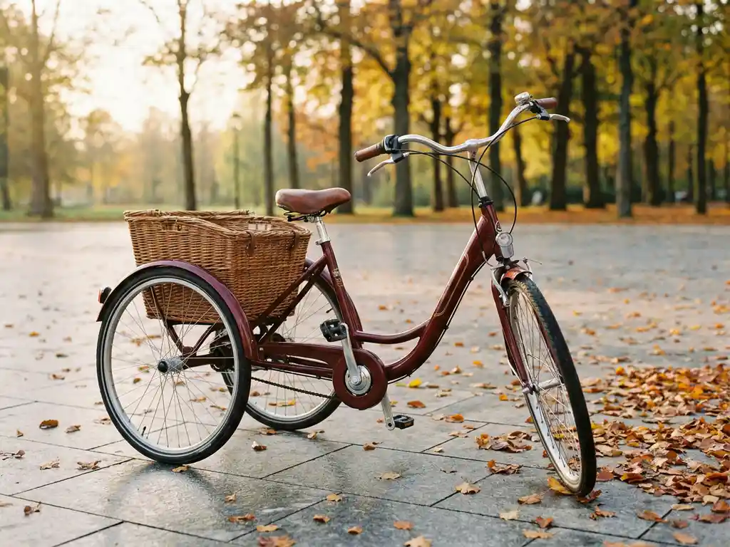 Bordeauxrode driewieler met lage instap en achterdrager geparkeerd in Nederlands park bij herfstbladeren