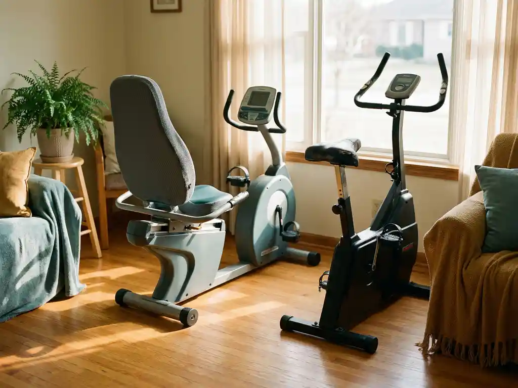 Ligfiets met hoge rugleuning en rechte hometrainer in lichte therapieruimte met eiken vloer en natuurlijk daglicht
