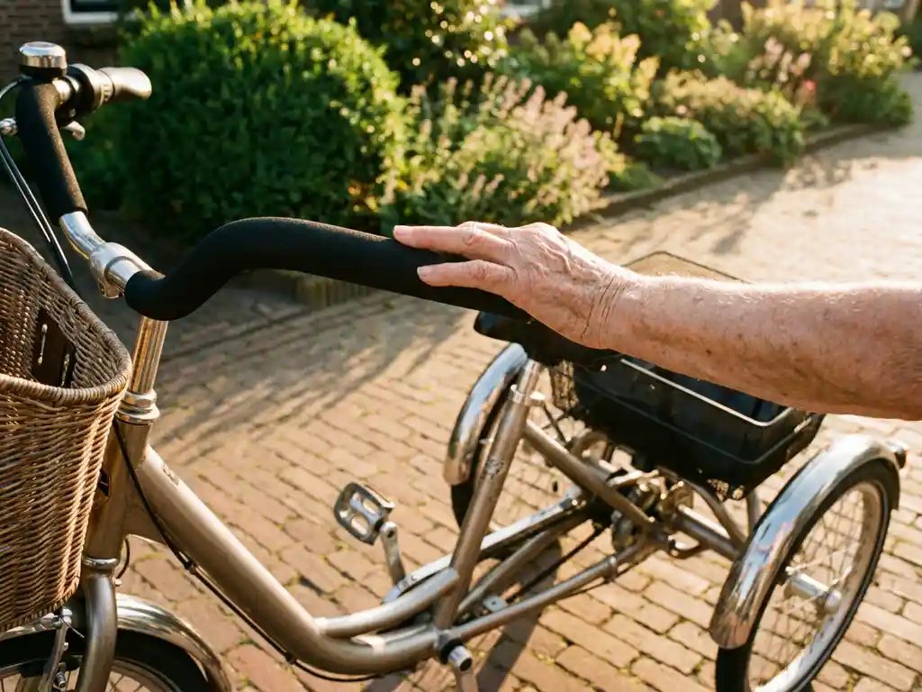 Volwassen driewieler met lage instap op Nederlandse klinkerbestrating, oudere hand op ergonomisch stuur, groene tuin op achtergrond